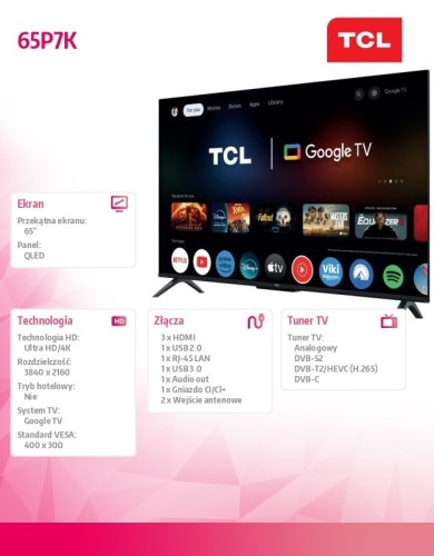 TCL Telewizor LED 65 cali 65P7K