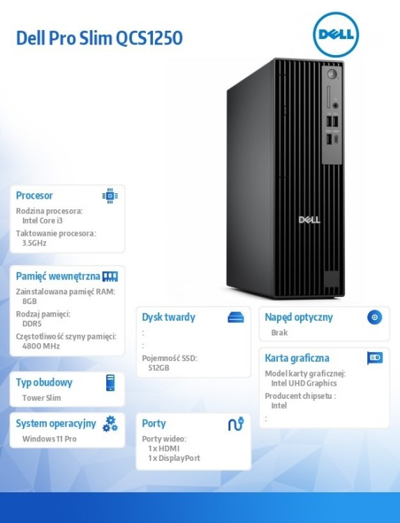 Dell Komputer Dell Pro Slim QCS1250 W11Pro i3-14100/8GB/512GB SSD/Interated/Kb/Mouse/3YPS
