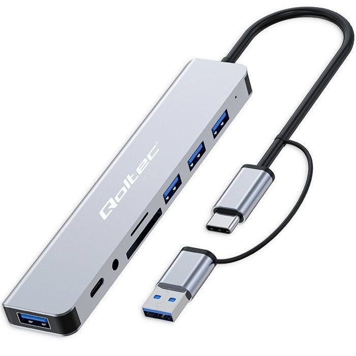 Qoltec HUB Adapter 8w1 USB-C/USB | USB-C | 4xUSB | SD/TF card | Jack    3.5mm TRRS