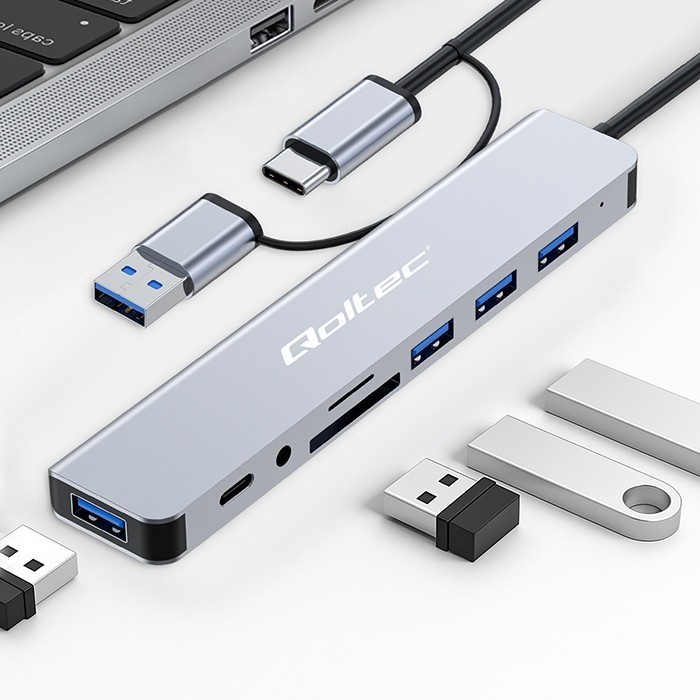 Qoltec HUB Adapter 8w1 USB-C/USB | USB-C | 4xUSB | SD/TF card | Jack    3.5mm TRRS