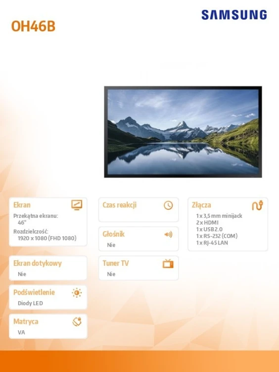 Samsung Monitor profesjonalny  OM46B 46 cali Błyszczący 24h/7 4000(cd/m2) 1920 x 1080(FHD) Tizen 5.0  3 lata On-Site (LH46OMBEBGBXEN)