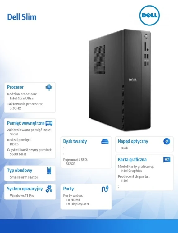 Dell Komputer Dell Slim ECS1250 Win11Pro Ultra 5 225/16GB/512GB SSD/Intel UHD/WLAN + BT/Kb/Mouse/3YPS