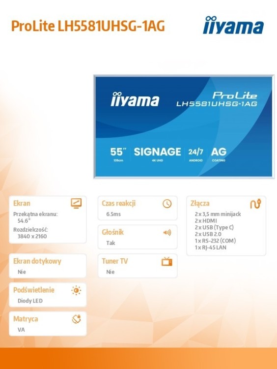 IIYAMA Monitor 55 cali LH5581UHSG-1AG 24/7,VA,ANDROID 14,4K, 2x10W, WiFi,    UCHWYT CIENNY, 2xHDMI, USB-C, RJ45, IR, 2xUSB, WHITE