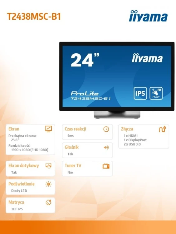 IIYAMA Monitor 24 cale T2438MSC-B1 IPS,FHD,DP,HDMI,2x2W,2xUSB,600(cd/m2),   10pkt.7H,IP1X(FRONT),PION/POZIOM