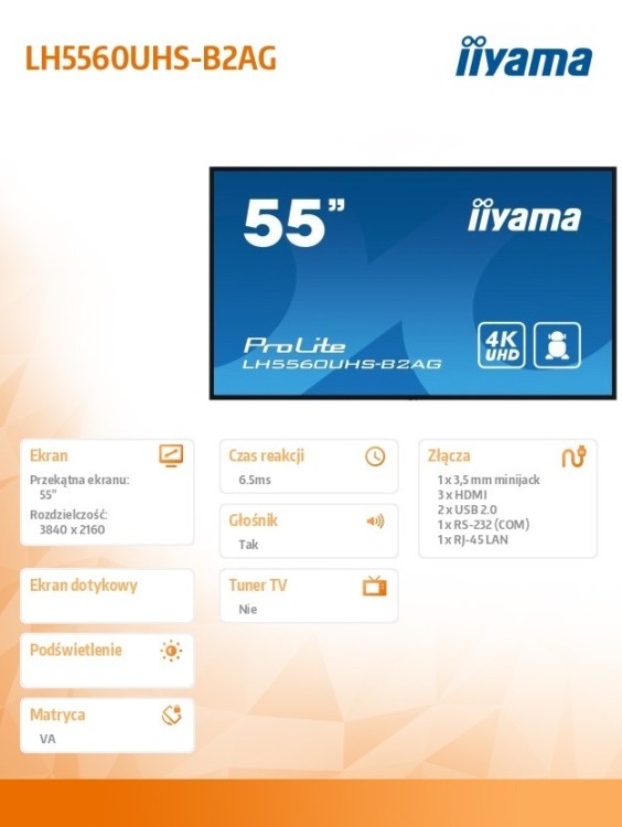 IIYAMA Monitor wielkoformatowy 55 cali LH5560UHS-B1AG matowy 24h/7 500(cd/m2) VA 3840 x 2160 UHD(4K) Android.11 Wifi CMS(iiSignage2), Uchwyt ścienny