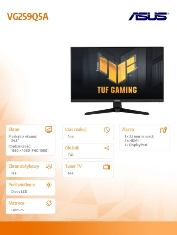 Asus Monitor 25 cali VG259Q5A IPS 200Hz 0.3MS HDMI DP