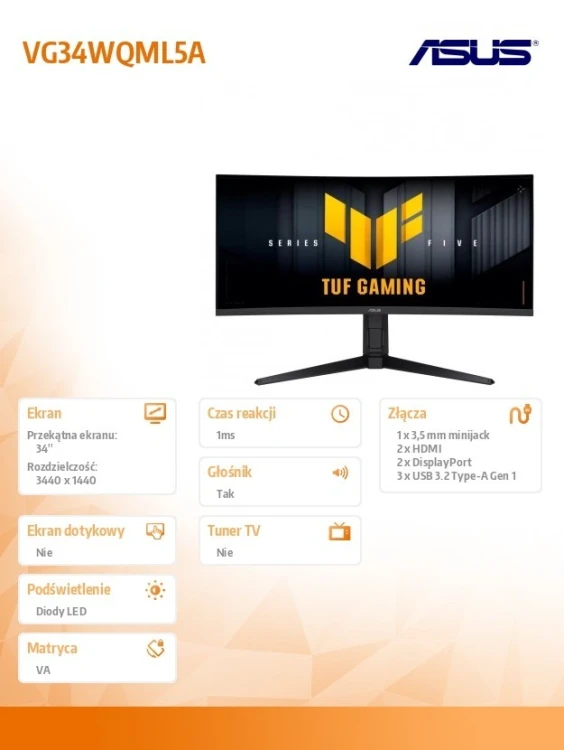 Asus Monitor 34 cale VG34WQML5A WQHD 2DP 2HDMI USB3.2