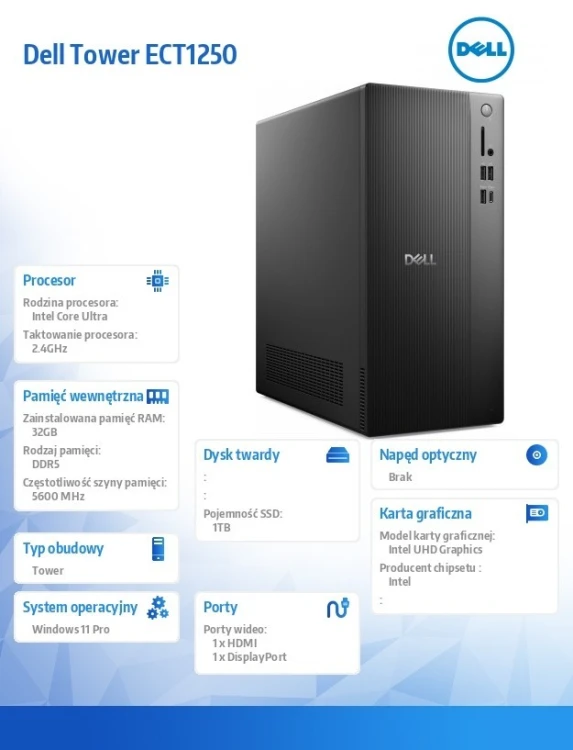 Dell Komputer Dell Tower ECT1250 Win11Pro U7 265/32GB/1TB SSD/UHD/WLAN + BT/Wireless Kb & Mouse/3YPS