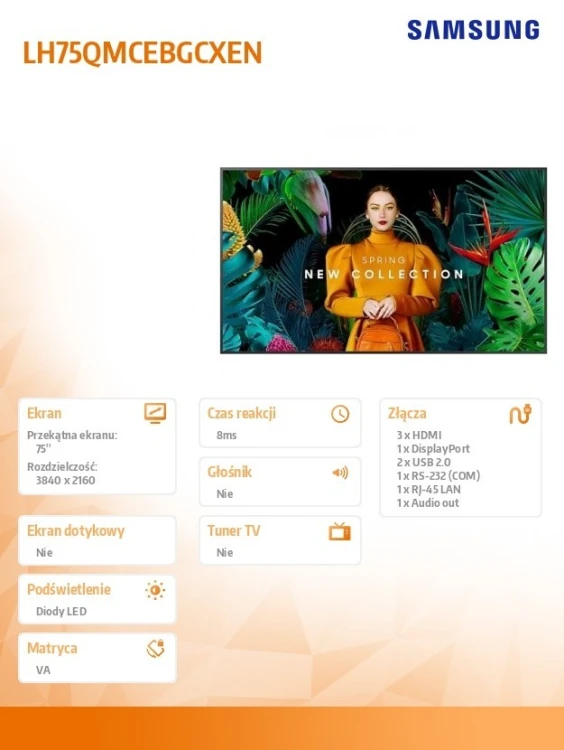 Samsung Monitor profesjonalny QM75C 75 cali Matowy 24h/7 500(cd/m2) 3840 x 2160 (UHD) S10 Player (Tizen 7) Wi-Fi/BT 3 lata On-Site (LH75QMCEBGCXEN)