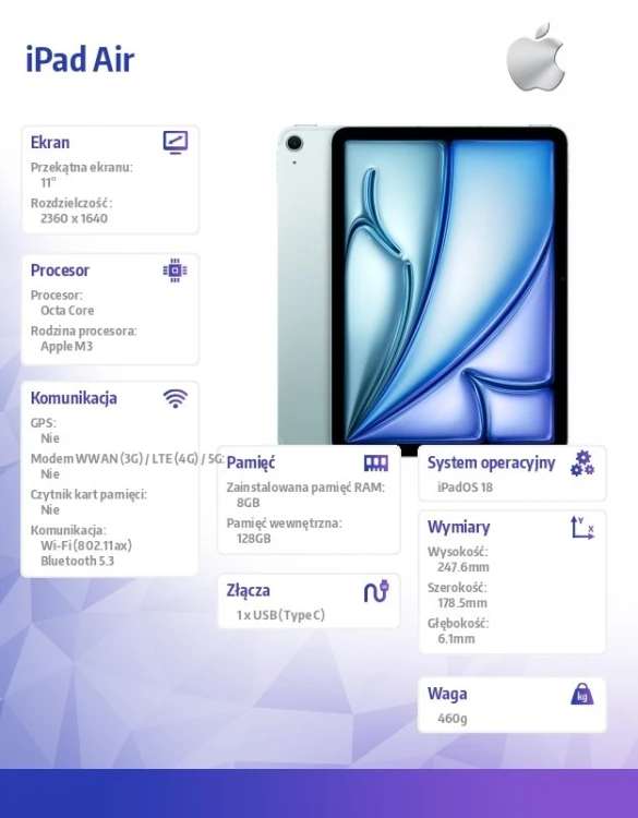 Apple iPad Air 11 cali WiFi 128GB Niebieski