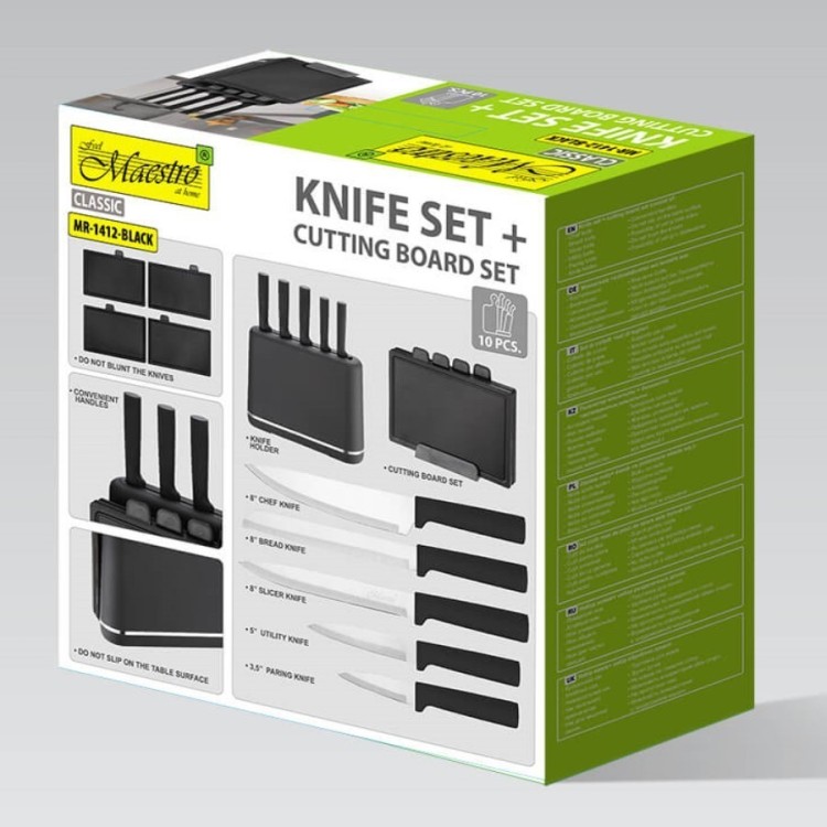 Feel-Maestro Zestaw noży + desek na podstawce MR-1412-BLACK