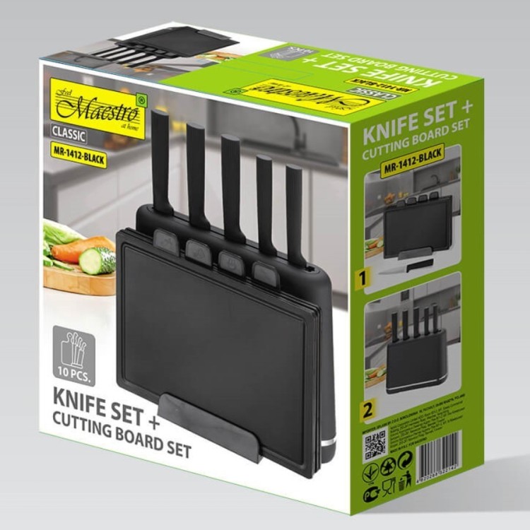 Feel-Maestro Zestaw noży + desek na podstawce MR-1412-BLACK