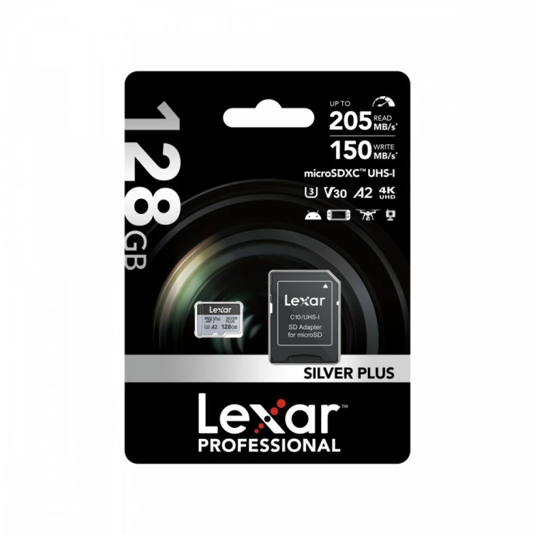 Lexar Karta pamięci microSD 128GB C10 A2 U3 V30 205/150MB/s Silver Plus