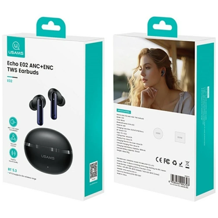 USAMS Słuchawki bluetooth TWS E02 ANC+ENC czarne