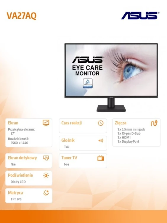 Asus Monitor 27 cali VA27AQ QHD IPS 75Hz HDMI DP VGA