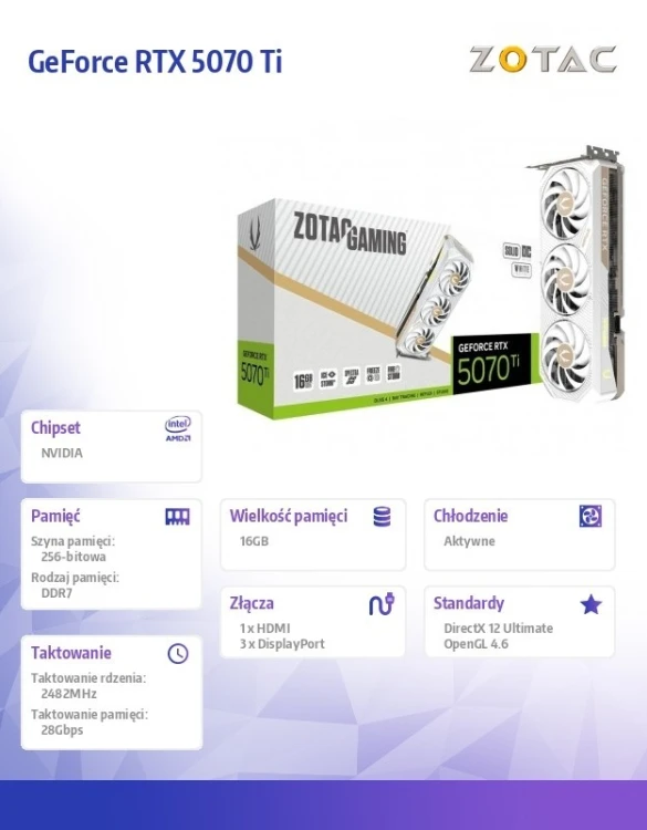 ZOTAC Karta graficzna GeForce RTX 5070 Ti SOLID CORE OC 16GB GDDR7 256bit 3DP/HDMI biała
