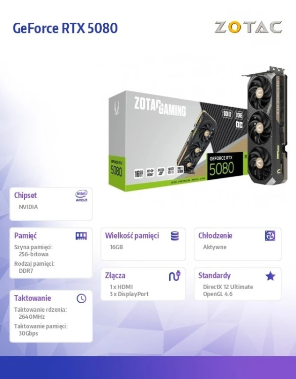 ZOTAC Karta graficzna GeForce RTX 5080 SOLID CORE OC 16GB GDDR7 256bit 3DP/HDMI