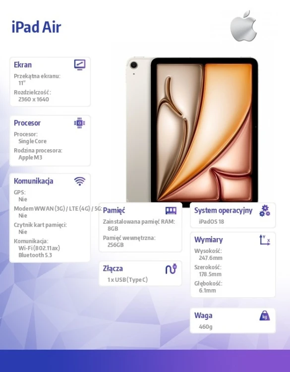 Apple iPad Air 11 cali WiFi 256GB Złoty