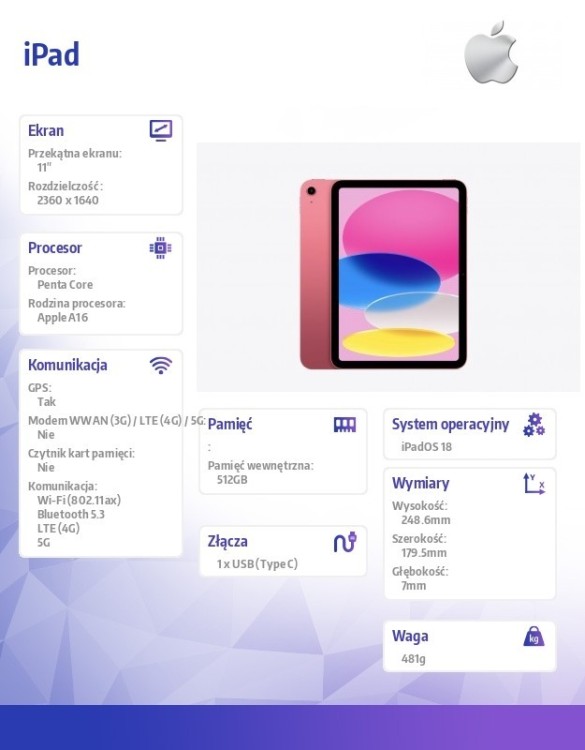 Apple iPad WiFi + Cellular 11 cali 512 GB Różowy