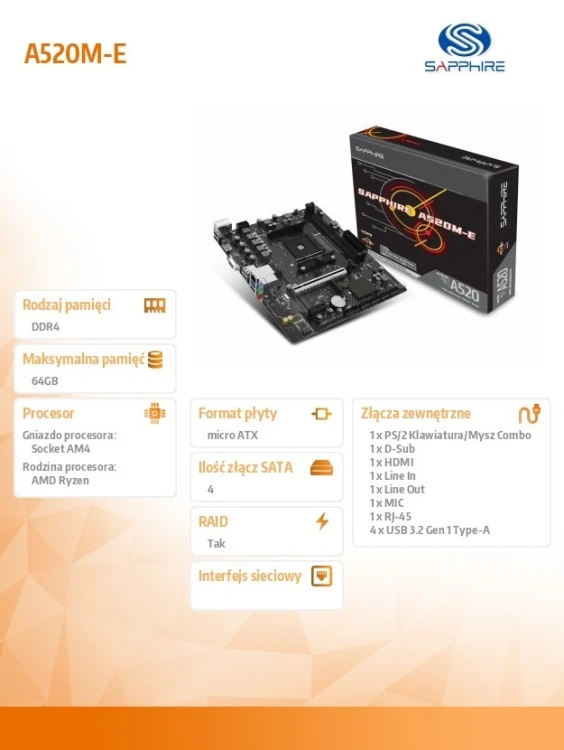 Sapphire Technology Płyta główna A520M-E AM4 2DDR4 mATX
