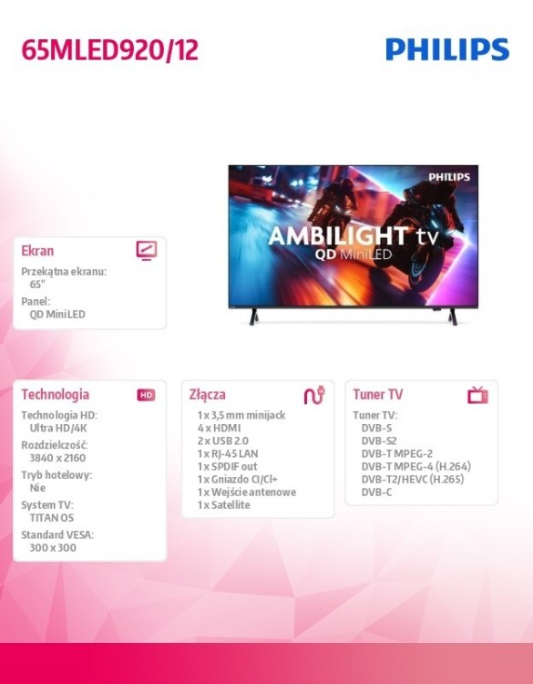 Philips Telewizor QD MiniLED 65 cali 65MLED920/12