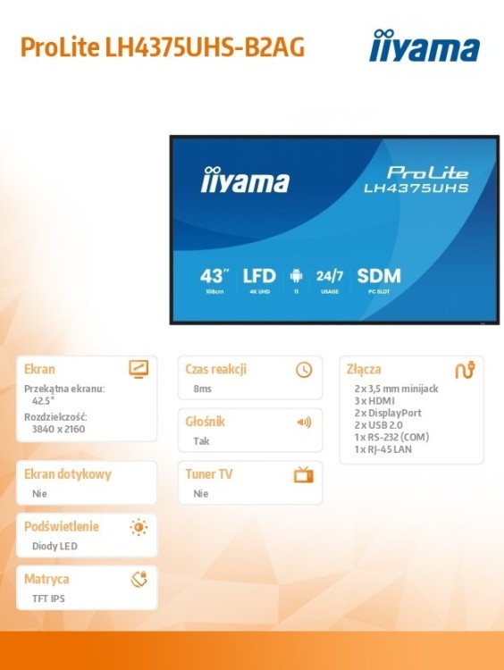 IIYAMA Monitor 43 cale LH4375UHS-B2AG,24/7,IPS,ANDROID.11,4K, WiFi,          iiSignage2, FailOver, EShare, 24/7, full daisy chain