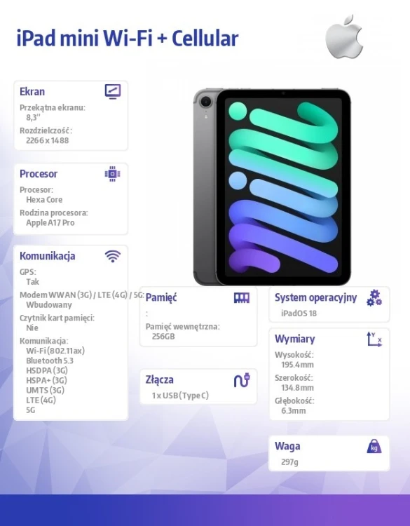 Apple iPad mini Wi-Fi + Cellular 256GB Gwiezdna szarość