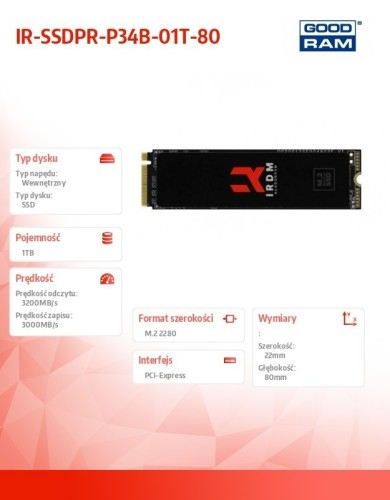 GOODRAM Dysk SSD IRDM 1TB M.2 PCIe 3x4 NVMe 2280 3200/3000