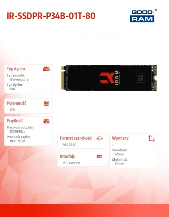 GOODRAM Dysk SSD IRDM 1TB M.2 PCIe 3x4 NVMe 2280 3200/3000