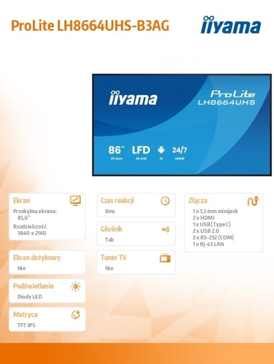 IIYAMA Monitor 86 cali LH8664UHS-B3AG 24/7,IPS,ANDROID 14,4K,2xHDMI,RJ45,    2xUSB,WiF,iUSB-C(DP-Alt),2x16W, iiSignage? (CMS), iiControl (DMS),iiShare