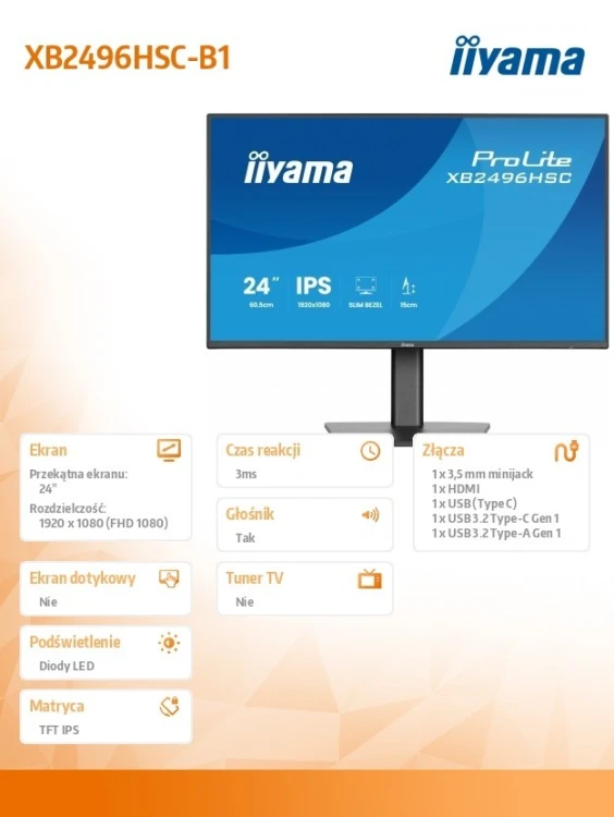 IIYAMA Monitor 24 cale XB2496HSC-B1 IPS, FHD, HDMI, USB-C (PD 65W), 144Hz
