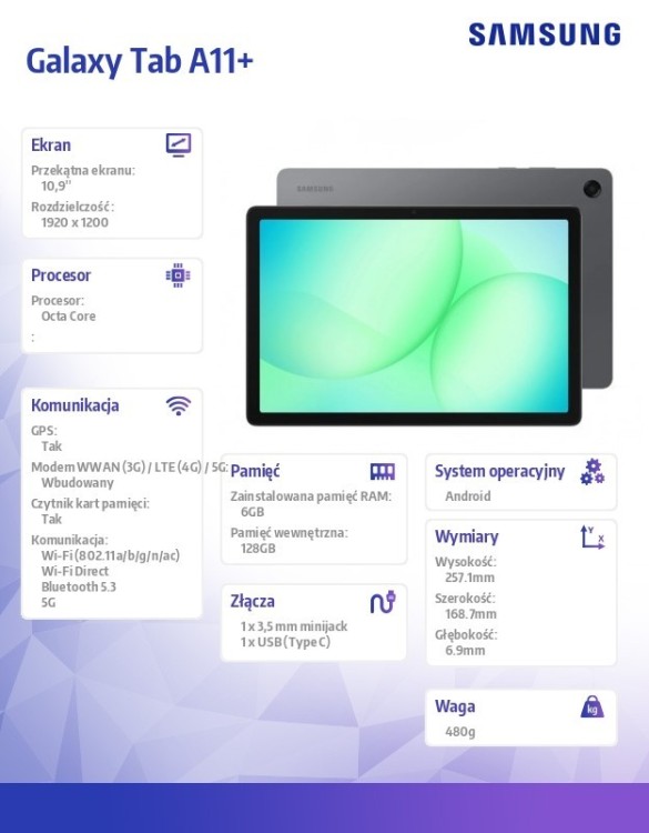 Samsung Tablet Galaxy Tab A11+ X236 10.9 cala  5G 6/128GB Szary Enterprise Edition