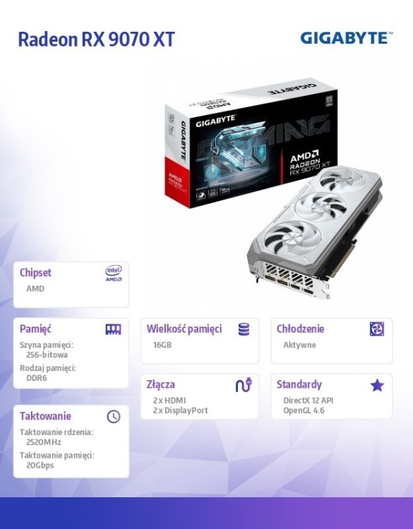 Gigabyte Karta graficzna Radeon RX 9070 XT GAMING OC WHITE 16GB GDDR6 256 BIT