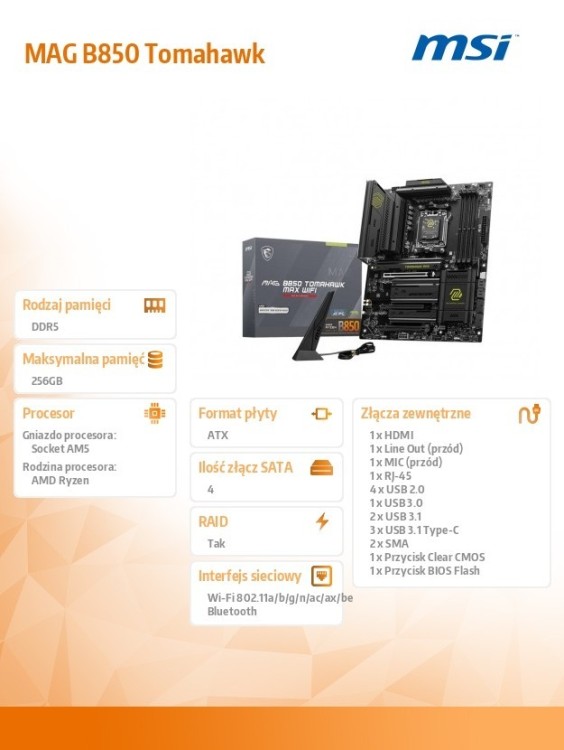 MSI Płyta główna MAG B850 TOMAHAWK WIFI AM5 4DDR5 ATX