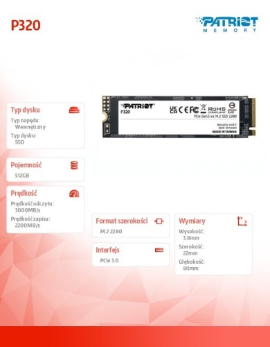 Patriot Dysk SSD 512GB P320 PCIe M.2 Gen3 x4 NVMe 3000/2200MB/s