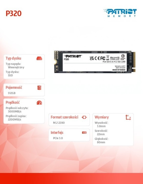 Patriot Dysk SSD 512GB P320 PCIe M.2 Gen3 x4 NVMe 3000/2200MB/s