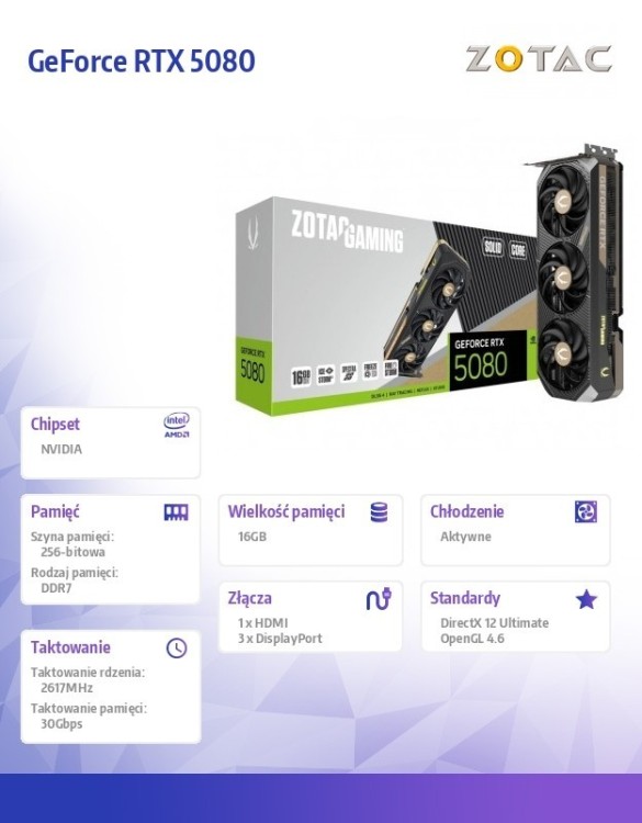 ZOTAC Karta graficzna GeForce RTX 5080 SOLID CORE 16GB GDDR7 256bit 3DP/HDMI
