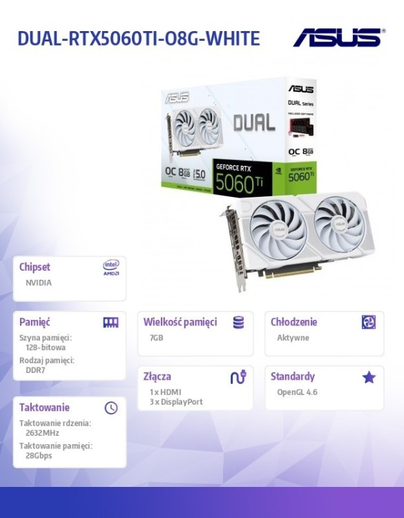 Asus Karta graficzna GeForce RTX 5060 Ti DUAL 8GB GDDR7 128BIT HDMI/3DP