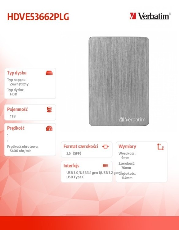 Verbatim Dysk zewnętrzny 1TB USB-C ALU Slim 53662