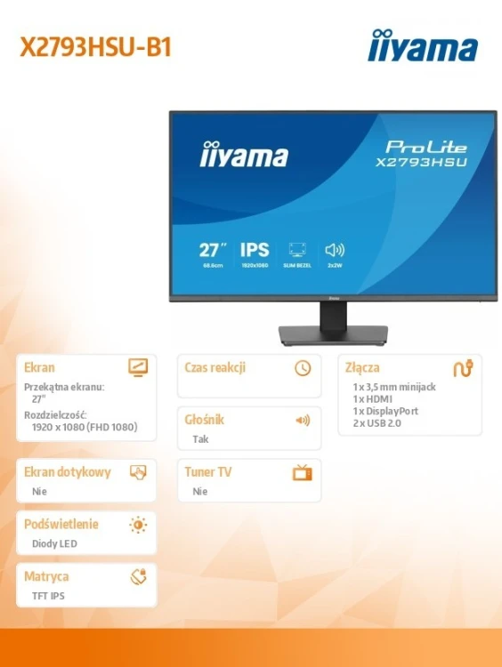 IIYAMA Monitor 27 cali X2793HSU-B1 IPS.HDMI.DP.120Hz,2xUSB, 1500:1,350cd,   cienka ramka z 4 stron