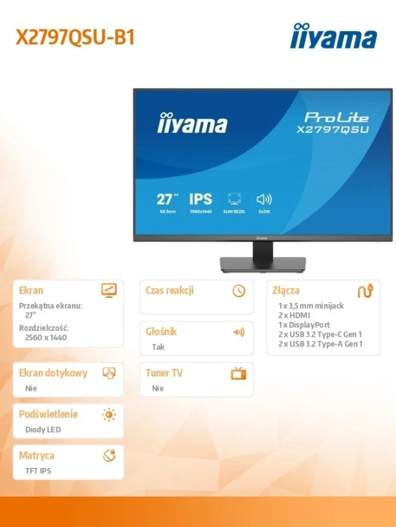 IIYAMA Monitor 27 cali X2797QSU-B1 IPS,QHD,HDMI,DP,350cd, 75Hz, 4x USB, bezramkowy