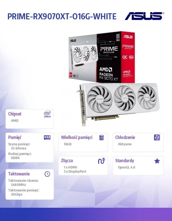 Asus Karta graficzna Radeon RX 9070 XT PRIME OC WHITE 16GB GDDR6 256bit 3DP/HDMI