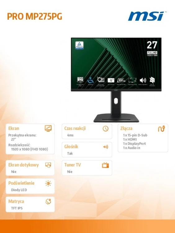 MSI Monitor PRO MP275PG    27 cali/LED/FHD/Flat/100Hz/Czarny