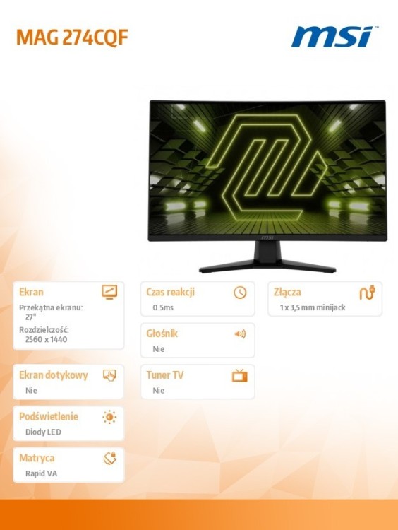 MSI Monitor MAG 274CQF     27 cali/LED/WQHD/Zakrzywiony/180Hz/Czarny