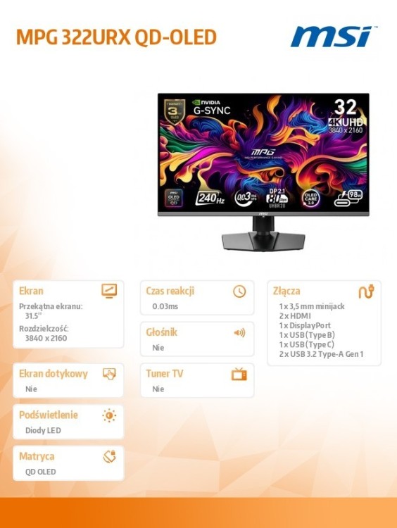 MSI Monitor MPG 322URX QD-OLED 31.5/LED/FLAT/240Hz/Czarny