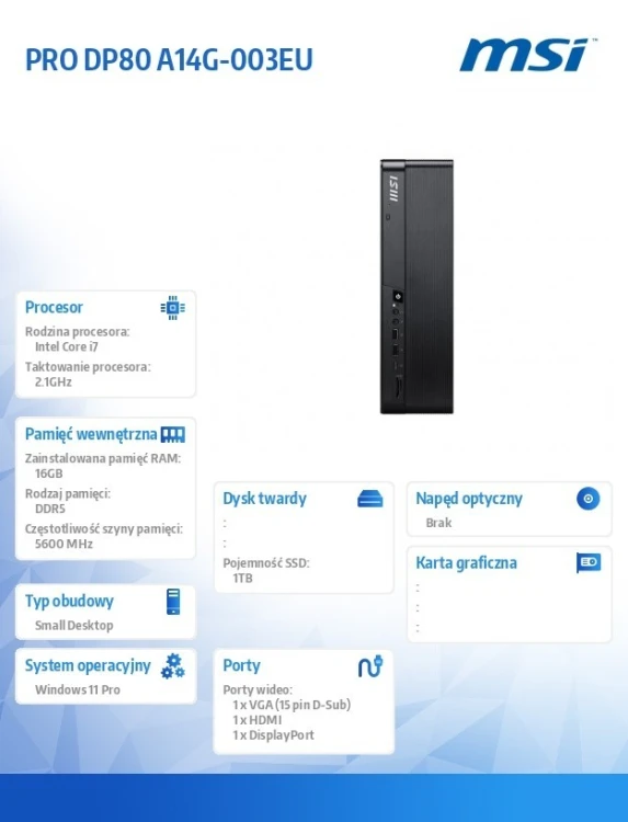MSI Komputer PRO DP80 A14G-003EU WIN11PRO/Intel Core i7-14700/16GB/512 GB SSD/Czarny