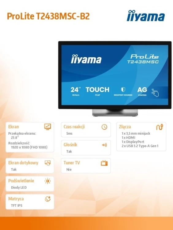 IIYAMA Monitor 24 cale T2438MSC-B2 IPS,FHD,DP,HDMI,2x2W,2xUSB,600(cd/m2),   10pkt.7H,IP1X(FRONT),PION/POZIOM