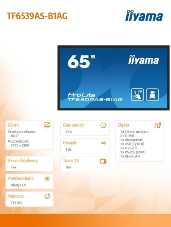 IIYAMA Monitor 65 cali TF6539AS-B1AG,IPS,4K,HDMIx2,DP,RJ45,3xUSB,2x10W,      ANDROID,24/7,IP65