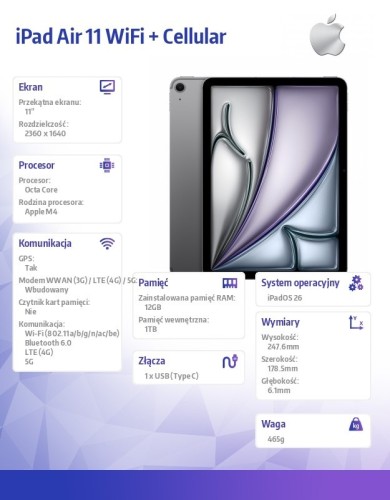 Apple iPad Air 11 cali WiFi + Cellular 1TB Gwiezdna szarość