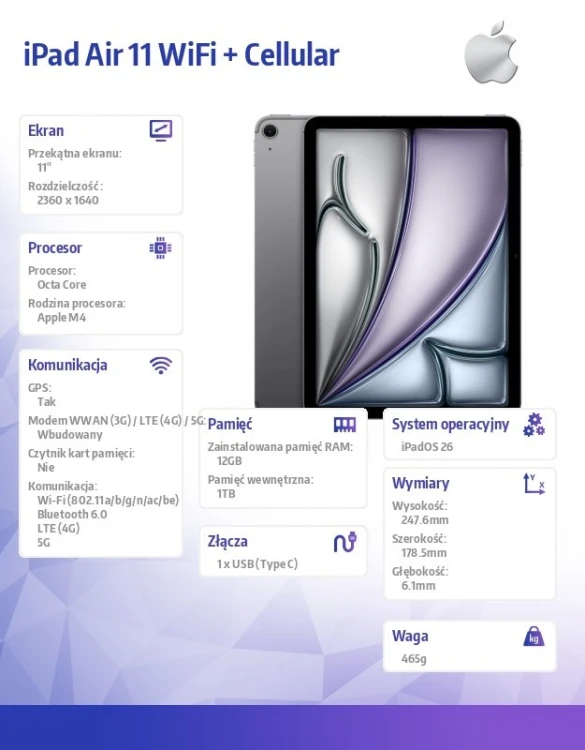 Apple iPad Air 11 cali WiFi + Cellular 1TB Gwiezdna szarość